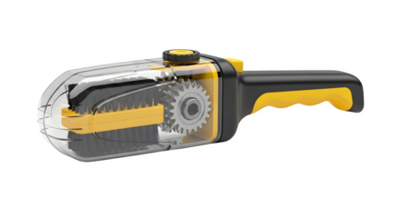 A yellow and black tile and grout brush cleaner tool isolated on transparent background it features a clear plastic cover and a gear mechanism for effective cleaning
