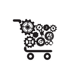 Conceptual illustration of a shopping cart driven by a machine of gears, representing the automation and technology in modern retail