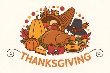A thanksgiving illustration featuring a cornucopia and traditional holiday elements