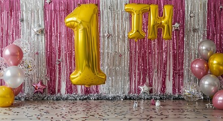 Golden 1st balloon and pink and silver fringe backdrop with balloons and confetti for a first birthday celebration