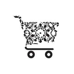 Elegant shopping cart graphic featuring an ornamental black and white motif, blending commerce with artistic expression for digital platforms and retail concepts