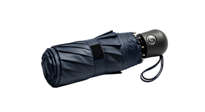 Folded umbrella isolated on transparent background, compact and convenient for travel, providing protection from rain and sun, essential for everyday use