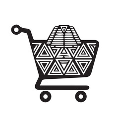 Monochrome vector icon of a shopping cart with a pyramid, decorated with an ethnic Aztec geometric triangular pattern