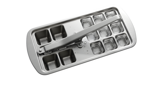 A silver ice cube tray with a lever isolated on transparent background it is designed for easy ice cube removal, offering convenience and efficiency