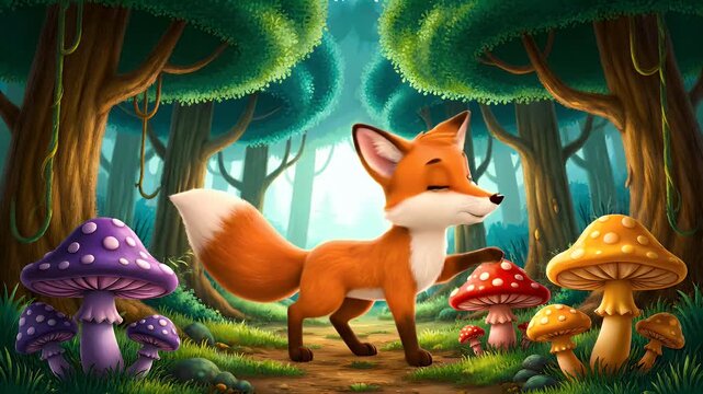 Cartoon Fox in Enchanted Forest with Mushrooms - Whimsical Illustration