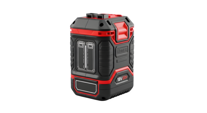 Black and red battery pack isolated on transparent background, rechargeable power source for cordless tools, equipment for construction and home improvement