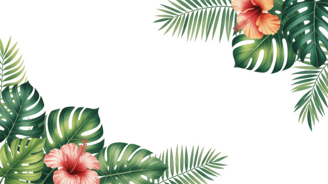 Tropical hibiscus flowers and monstera leaves watercolor border transparent background leaf