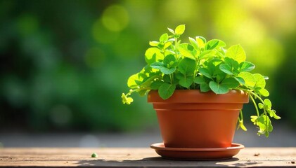Sun-Drenched Terracotta Pot Overflowing with Lush Greenery in a Vibrant Summer Garden