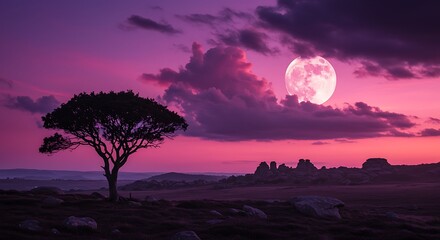 Dramatic sunset sky with a large, luminous full moon rising over a silhouetted tree and a rugged landscape, creating a mystical atmosphere