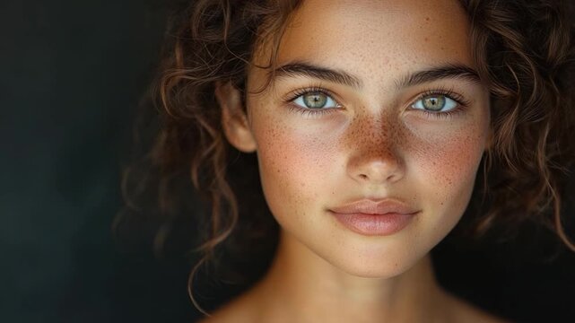 A close-up shot of a woman's face featuring freckles, suitable for use in beauty or lifestyle photography