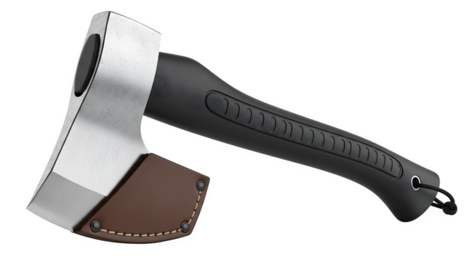 Axe with a black handle and a silver head isolated on transparent background, a versatile tool for chopping wood and outdoor tasks