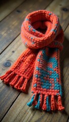 Cozy Knit Scarf on Wooden Floor Vibrant Red, Nostalgic Winter Memories