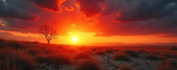 Fiery Sunset Over Parched Landscape Intense Heat and Rage-Filled Summer