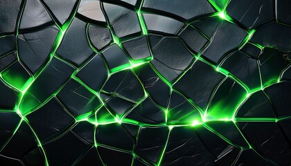 Abstract Dark Cracked Surface With Glowing Green Light Accents