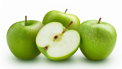 Green Apples Halved And Whole Against Transparent Background