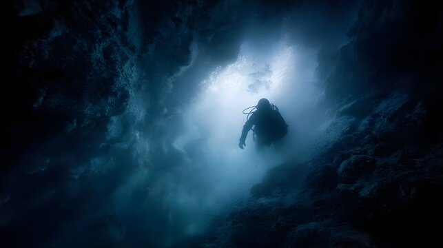 Silhouette of a scuba diver exploring a dark underwater cave illuminated by light from the entrance evoking mystery