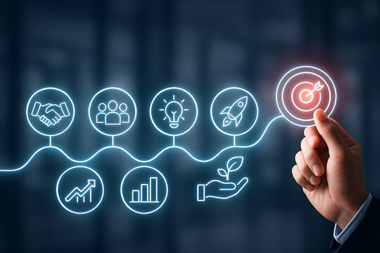 Business strategy roadmap concept hand touching target icon with a line of icons showing stages from partnership to growth charts and development leading to the final goal achievement