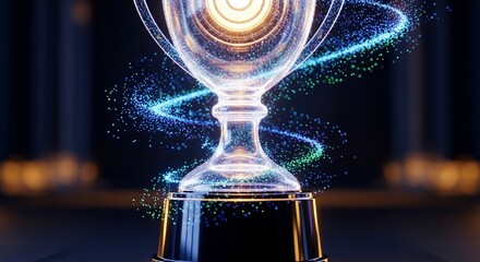 Glowing trophy with abstract particle effect achievement award concept