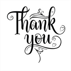 Elegant black and white hand-lettered calligraphy with decorative swirls and small heart accents for a thank you message.