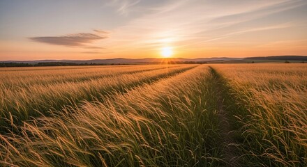 Obraz premium Golden wheat field at sunset rural landscape scenery