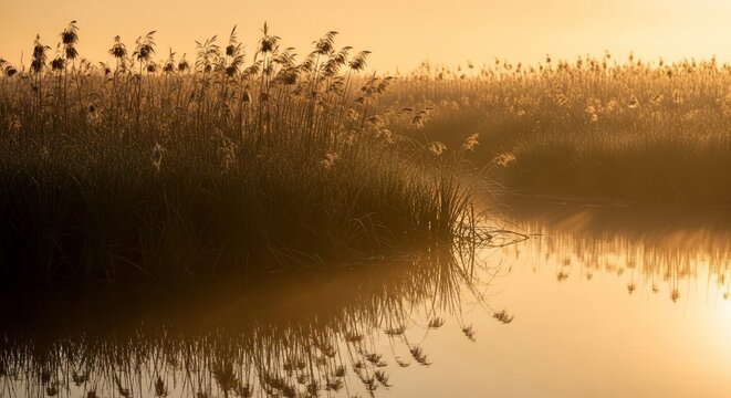 Golden reed bed reflection scenery nature - Powered by Adobe