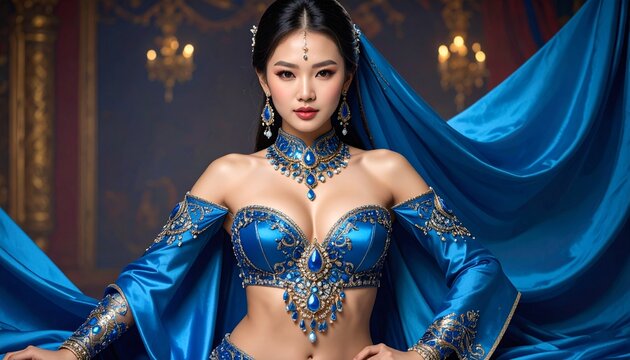 Elegant woman posing in ornate blue costume with jeweled details in a theatrical setting