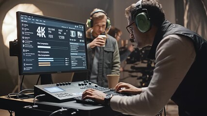 Team Working on Post-Production Video Compression in Studio Setting