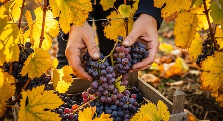 Grape harvest in autumn vineyard close up hand picking fruit
