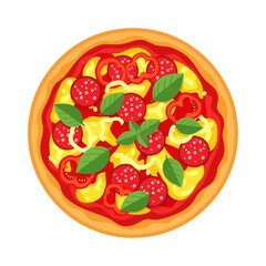 Naklejka premium Delicious pizza with pepperoni, basil, and bell peppers on top.