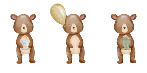 Hand-painted Watercolor Teddy Illustration with Balloon, Cake and Gift Box