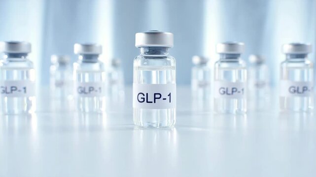 GLP-1 medication vials on sterile surface, weight loss drug, hormone therapy, diabetes treatment, pharmaceutical product, clinical background, medical innovation, modern healthcare
