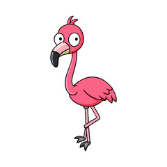 A cartoon pink flamingo with big eyes standing on one leg isolated on white background