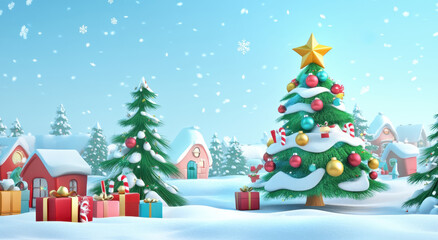 A Christmas scene with a large tree in the middle of a snowy field