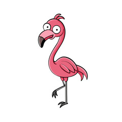 Funny cartoon pink flamingo standing on one leg isolated on white background
