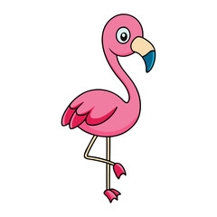 Cute cartoon pink flamingo standing on one leg isolated on white background