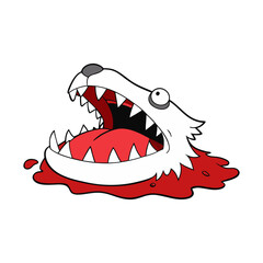 Cartoon wolf head with sharp teeth and red tongue in blood isolated on white background