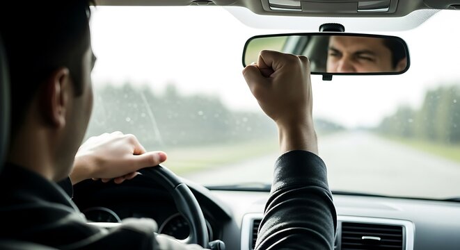 Man driving a car and making a fist in the rearview mirror