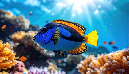 Obraz premium Vibrant Blue Tang Fish Swims Through Sunlit Coral Reef With Diverse Marine Life In The Ocean Depths