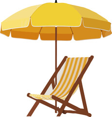Bright Yellow Beach Umbrella and Deck Chair on White Background