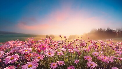 Obraz premium Pink Daisy Flowers Field Closeup Border For Cards Invitation Banner Branding Book Designing Etc