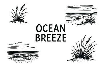 Ocean breeze: serene coastal scenery with waves and grasses illustration