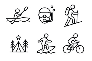 Obraz premium Outdoor activities icons: kayaking, snorkeling, hiking, camping, surfing, cycling symbols
