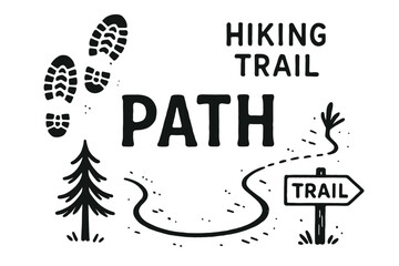 Hiking trail path illustration with boot prints and nature elements