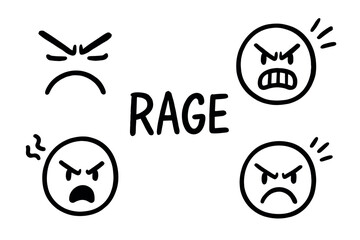 Rage emoticons depicting different facial expressions in black and white