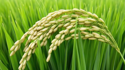 Harvesting golden rice grains lush green field nature photography agricultural environment close-up view organic farming concept