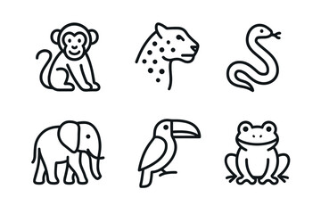 Simple outline icons of monkey, leopard, snake, elephant, toucan, and frog
