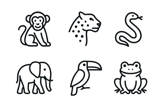 Simple outline icons of monkey, leopard, snake, elephant, toucan, and frog