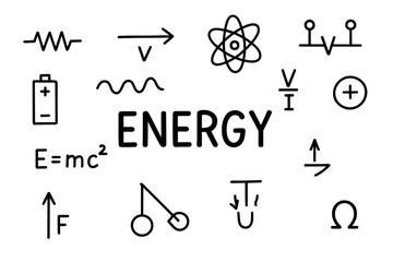 Scientific energy symbols and equations including atom, battery, and ohm signs