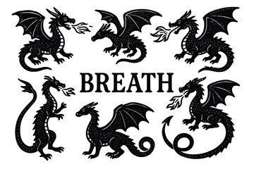 Fototapeta premium Set of fire-breathing dragons silhouettes with wings and tails