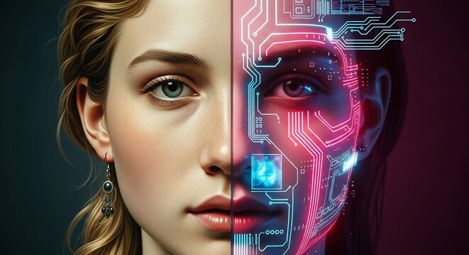 Human face with digital circuitry interface tech fusion concept